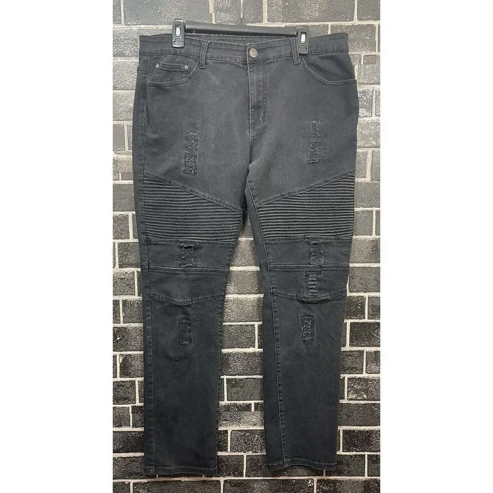 VTG Rocawear Y2K Men's Jeans 36/32 Tag 38/34 Distressed Stretch Denim Moto Knee